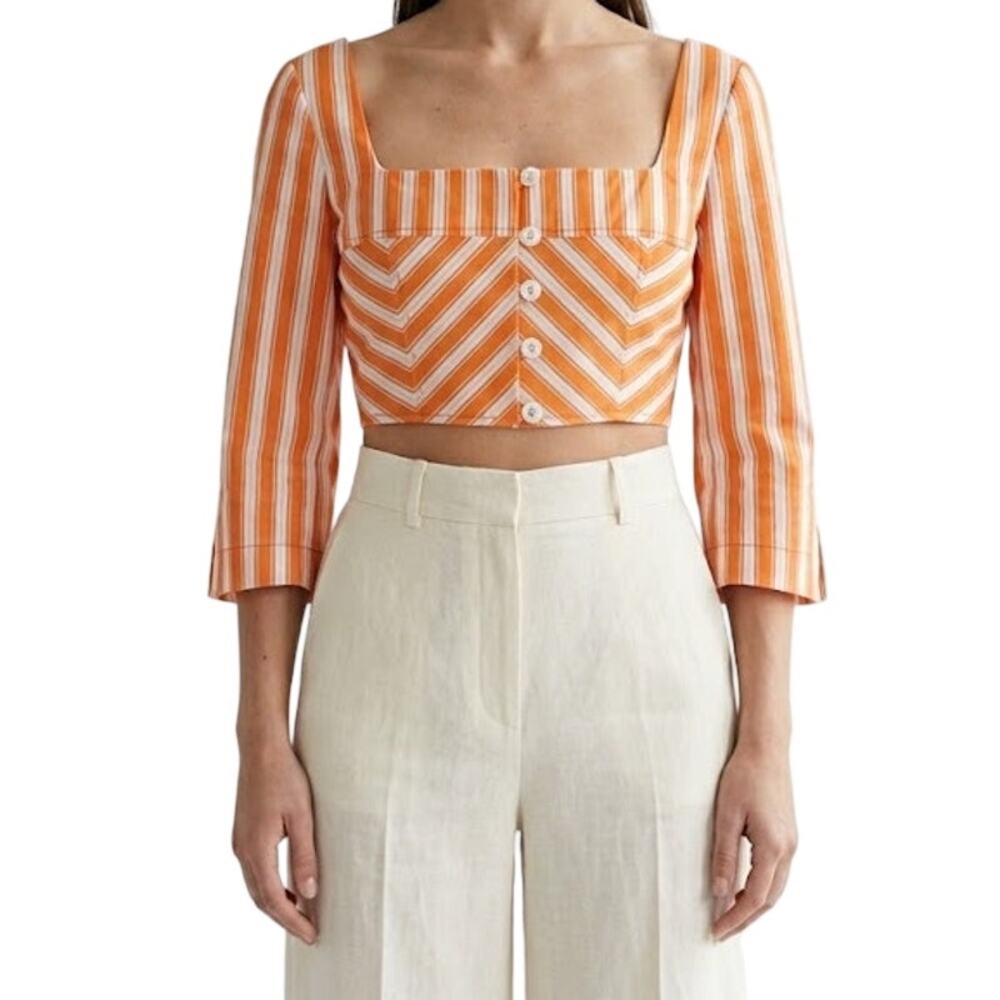 Rosie Assoulin Orange White Striped Square Neck Crop Top Size 0